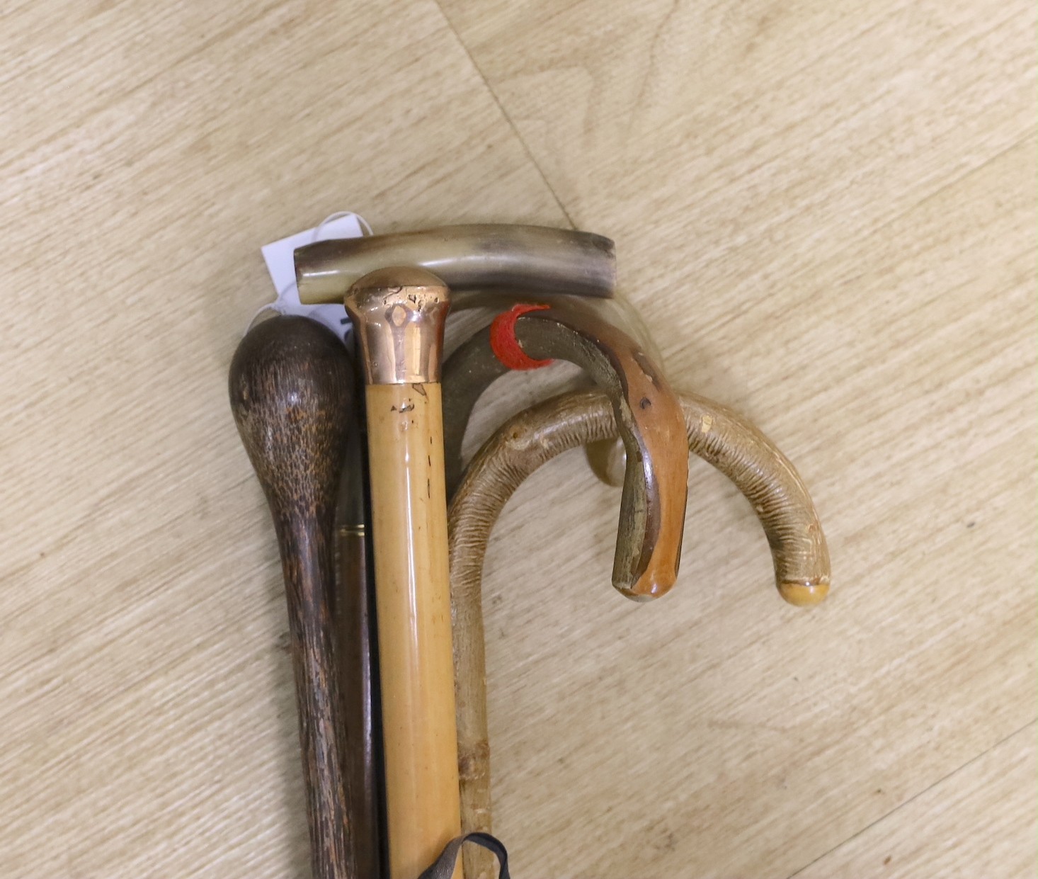 A gold mounted Mallacca walking cane, two horn handled walking sticks and three others.